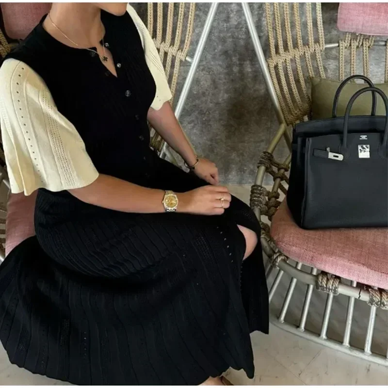 Knitted Maxi Dress For Women elegant Short Sleeve Hollow Out Ribbed Long Dresses O-Neck High Waist Lady Knitwear