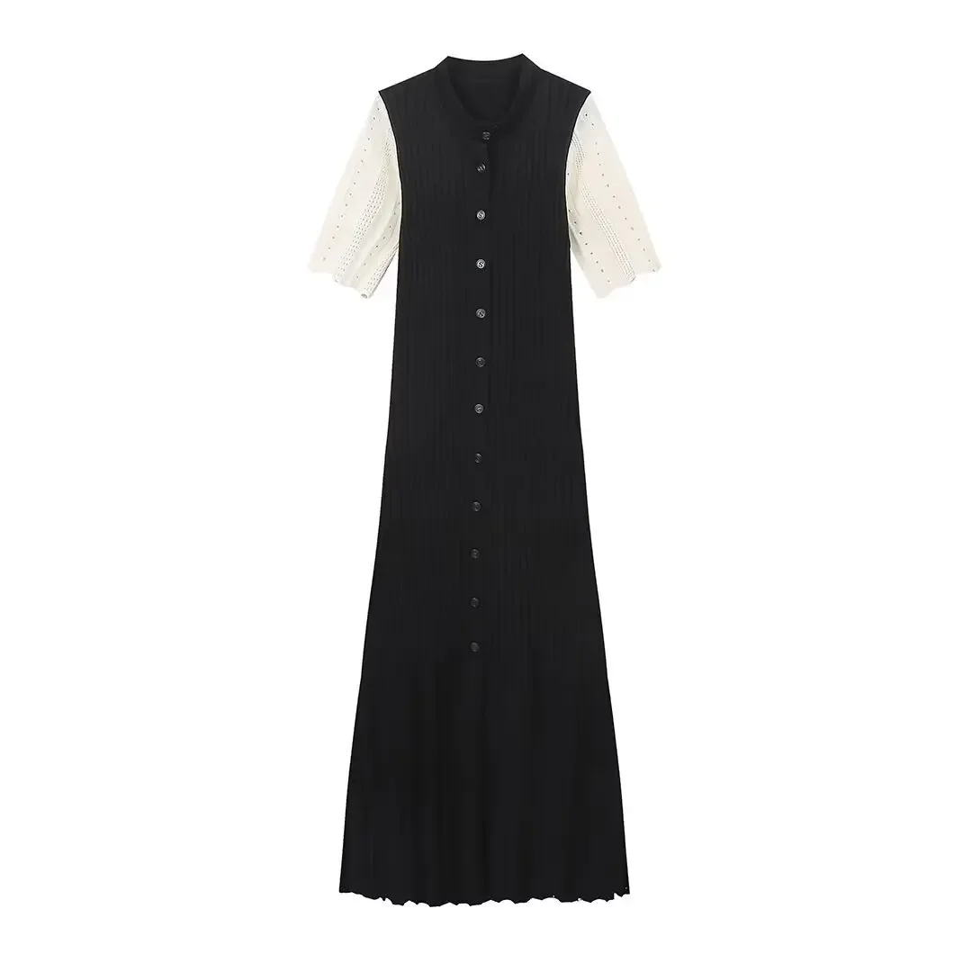 Knitted Maxi Dress For Women elegant Short Sleeve Hollow Out Ribbed Long Dresses O-Neck High Waist Lady Knitwear