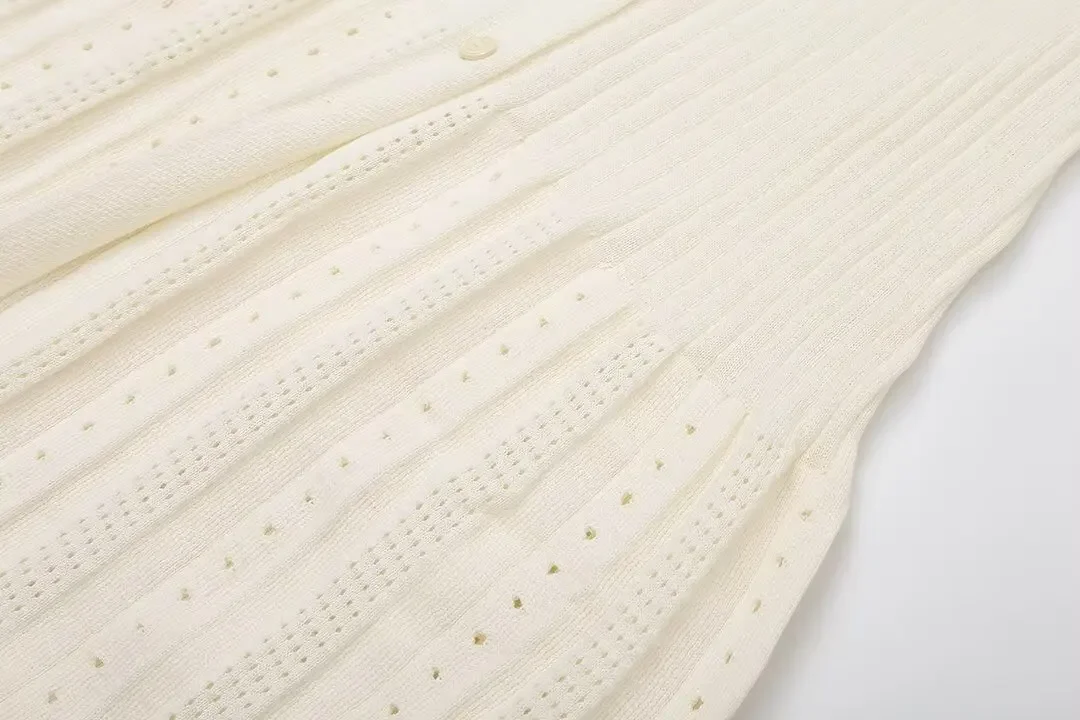 Knitted Maxi Dress For Women elegant Short Sleeve Hollow Out Ribbed Long Dresses O-Neck High Waist Lady Knitwear