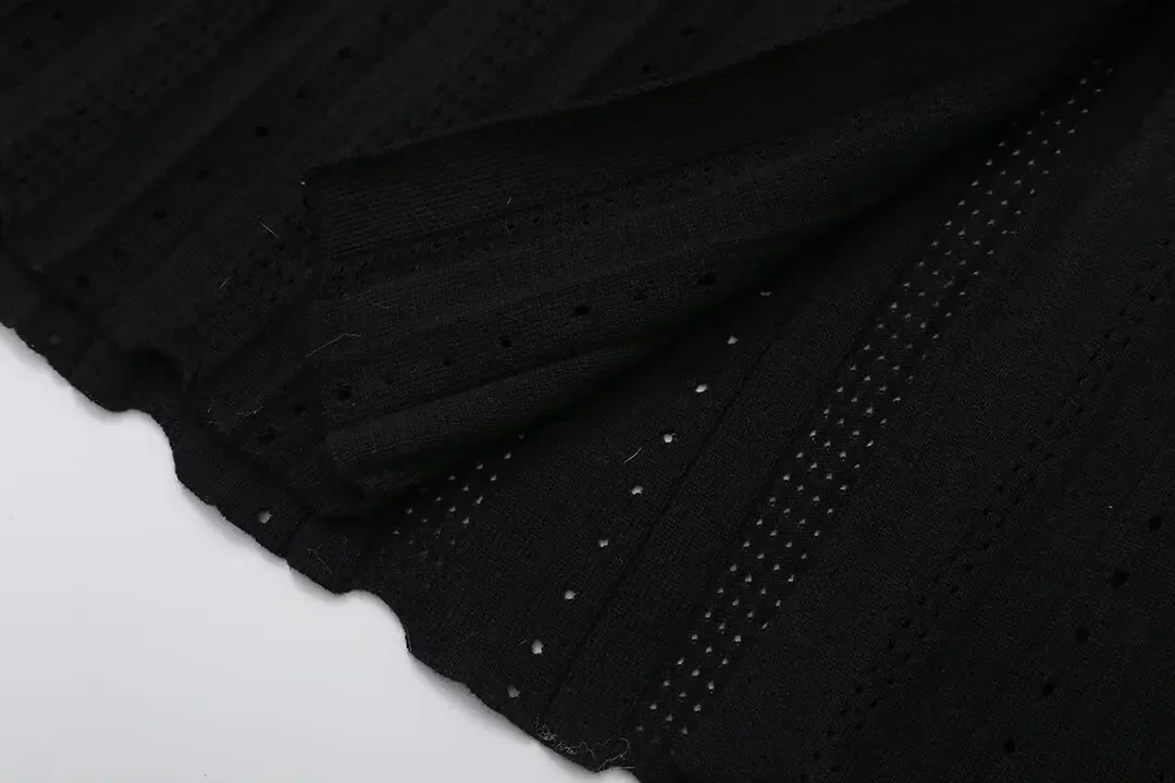 Knitted Maxi Dress For Women elegant Short Sleeve Hollow Out Ribbed Long Dresses O-Neck High Waist Lady Knitwear