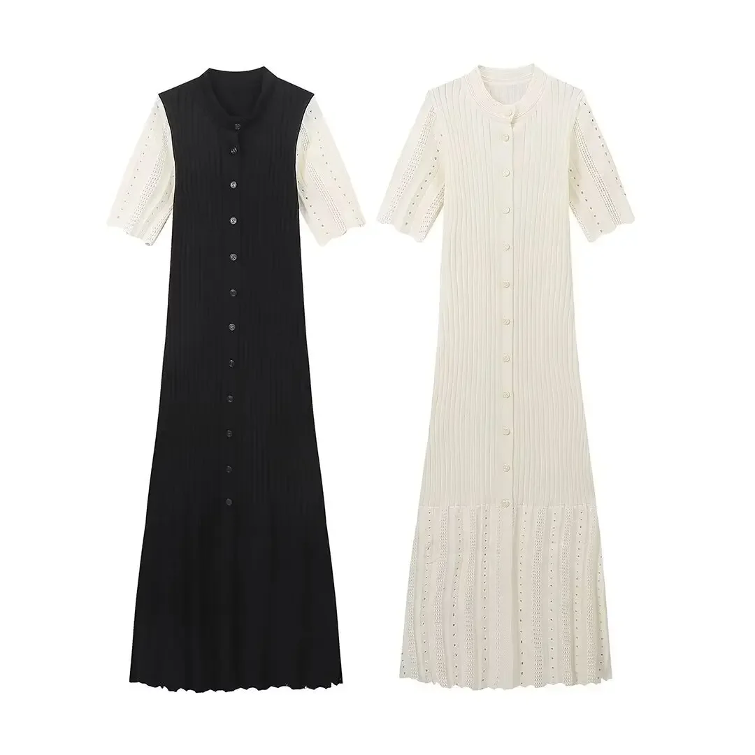 Knitted Maxi Dress For Women elegant Short Sleeve Hollow Out Ribbed Long Dresses O-Neck High Waist Lady Knitwear