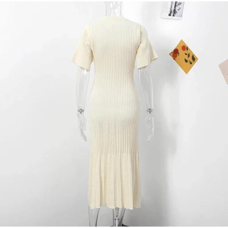 Knitted Maxi Dress For Women elegant Short Sleeve Hollow Out Ribbed Long Dresses O-Neck High Waist Lady Knitwear