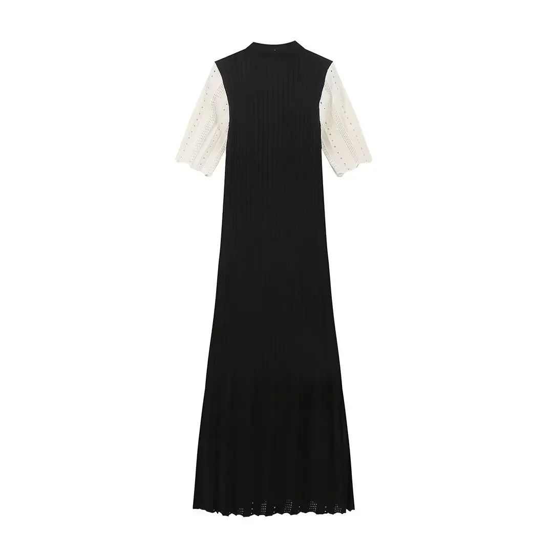 Knitted Maxi Dress For Women elegant Short Sleeve Hollow Out Ribbed Long Dresses O-Neck High Waist Lady Knitwear