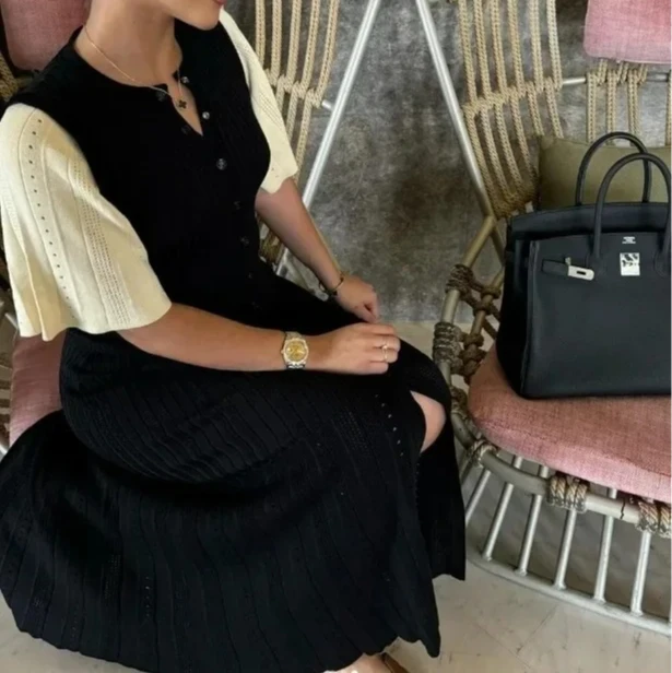 Knitted Maxi Dress For Women elegant Short Sleeve Hollow Out Ribbed Long Dresses O-Neck High Waist Lady Knitwear