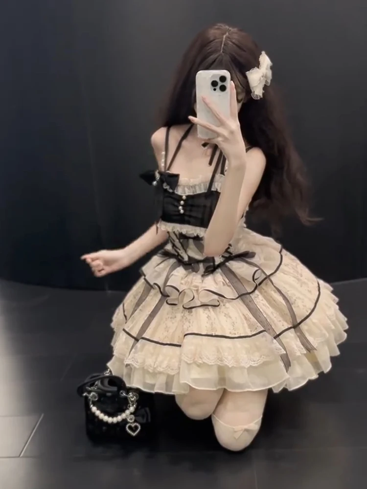 Sweet Lolita Black Dress Women Casual Y2k Clothing Japanese Kawaii Dress Evening Party Clothing Vintage Chic Outwear Summer Girl