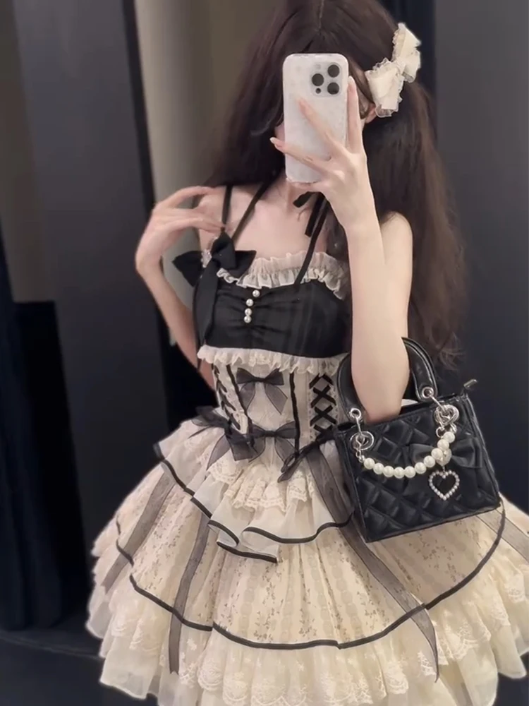 Sweet Lolita Black Dress Women Casual Y2k Clothing Japanese Kawaii Dress Evening Party Clothing Vintage Chic Outwear Summer Girl