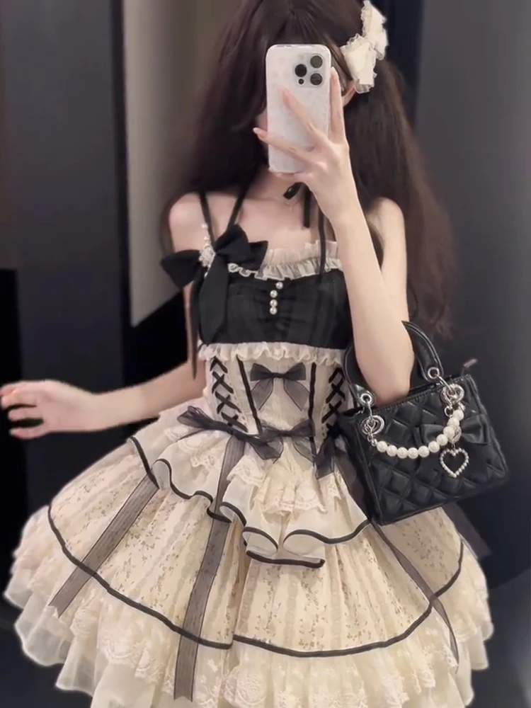 Sweet Lolita Black Dress Women Casual Y2k Clothing Japanese Kawaii Dress Evening Party Clothing Vintage Chic Outwear Summer Girl