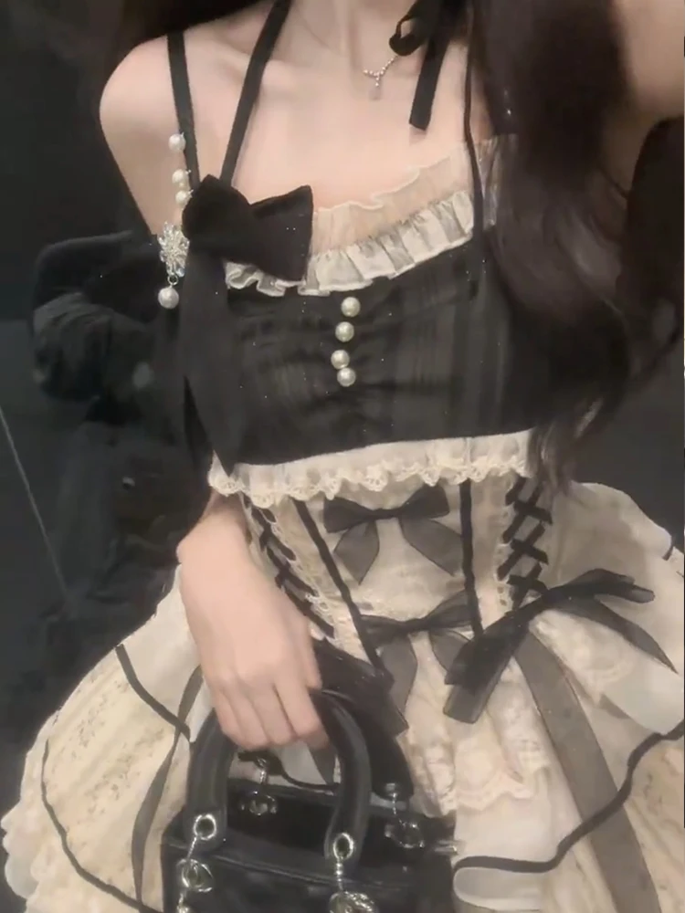 Sweet Lolita Black Dress Women Casual Y2k Clothing Japanese Kawaii Dress Evening Party Clothing Vintage Chic Outwear Summer Girl