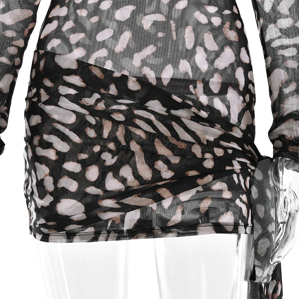 Fantoye Turtleneck Sexy Sheer Print Leopard Bandage Women Dress Long Sleeve Mini Dress Lady Spring Slim Elegant Party Club Dress