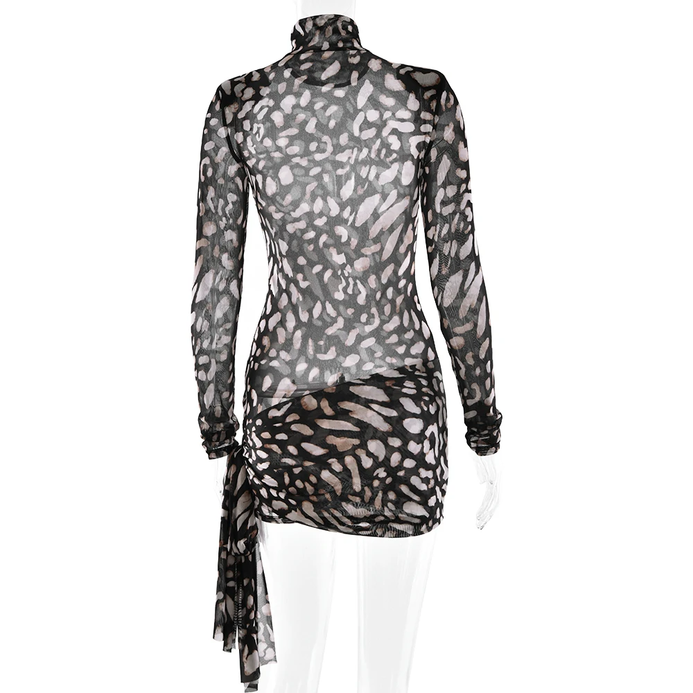Fantoye Turtleneck Sexy Sheer Print Leopard Bandage Women Dress Long Sleeve Mini Dress Lady Spring Slim Elegant Party Club Dress