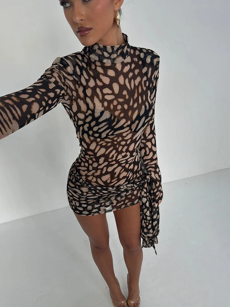 Fantoye Turtleneck Sexy Sheer Print Leopard Bandage Women Dress Long Sleeve Mini Dress Lady Spring Slim Elegant Party Club Dress