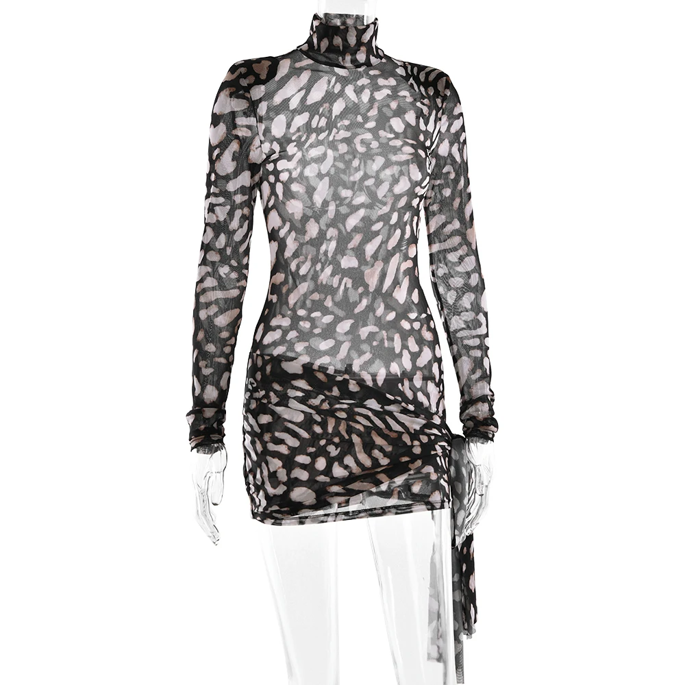 Fantoye Turtleneck Sexy Sheer Print Leopard Bandage Women Dress Long Sleeve Mini Dress Lady Spring Slim Elegant Party Club Dress