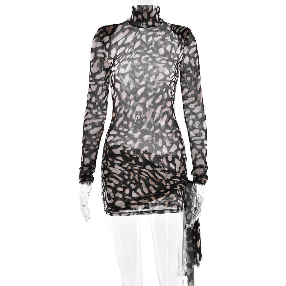 Fantoye Turtleneck Sexy Sheer Print Leopard Bandage Women Dress Long Sleeve Mini Dress Lady Spring Slim Elegant Party Club Dress