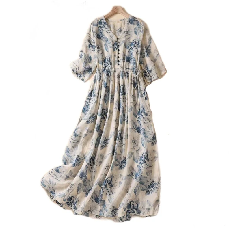 Short Sleeve Print Vintage Long Dresses For Women 2026 New Summer Fashion Casual Loose Dress Femme Robe Vestidos Elegant Clothes