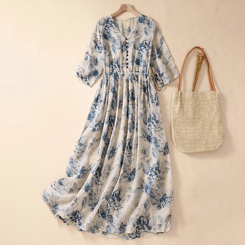 Short Sleeve Print Vintage Long Dresses For Women 2026 New Summer Fashion Casual Loose Dress Femme Robe Vestidos Elegant Clothes