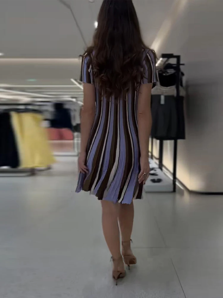 Woman Striped Polo Dress Collar Knitted Short Sleeves Dress V-neckline Waist Cinching Flared Hem Mini Dresses Women Daily Wear