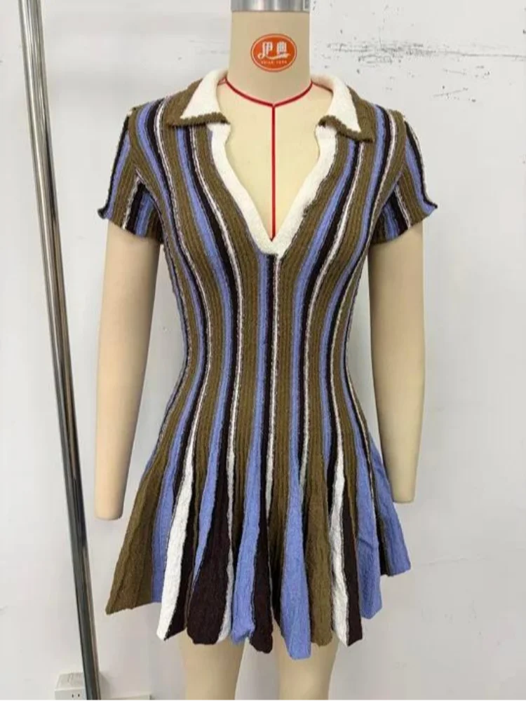 Woman Striped Polo Dress Collar Knitted Short Sleeves Dress V-neckline Waist Cinching Flared Hem Mini Dresses Women Daily Wear