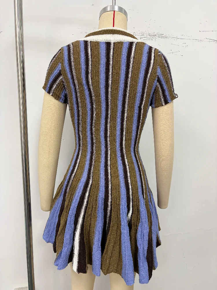 Woman Striped Polo Dress Collar Knitted Short Sleeves Dress V-neckline Waist Cinching Flared Hem Mini Dresses Women Daily Wear