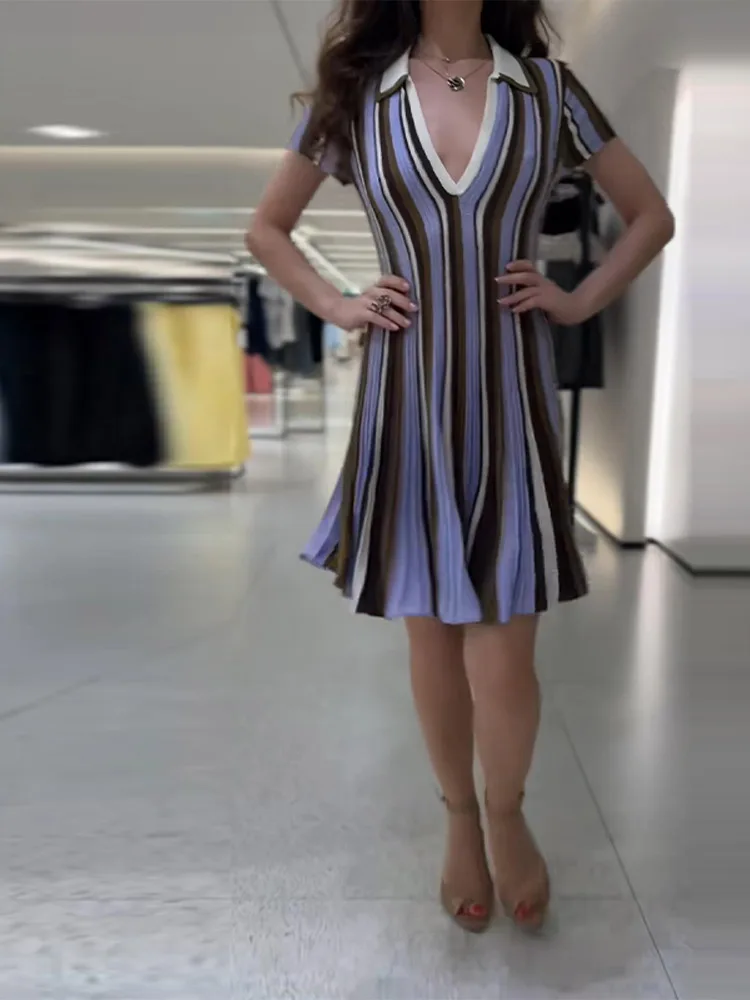 Woman Striped Polo Dress Collar Knitted Short Sleeves Dress V-neckline Waist Cinching Flared Hem Mini Dresses Women Daily Wear