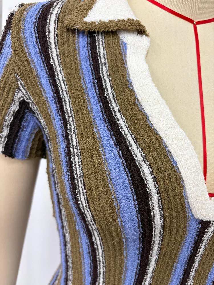 Woman Striped Polo Dress Collar Knitted Short Sleeves Dress V-neckline Waist Cinching Flared Hem Mini Dresses Women Daily Wear