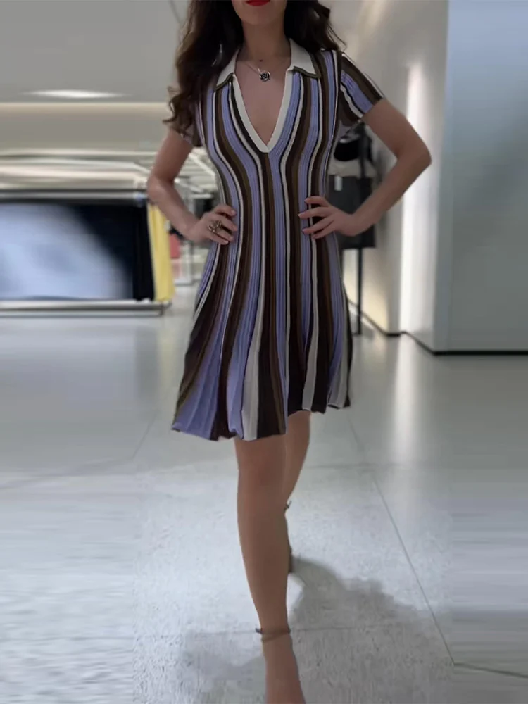 Woman Striped Polo Dress Collar Knitted Short Sleeves Dress V-neckline Waist Cinching Flared Hem Mini Dresses Women Daily Wear