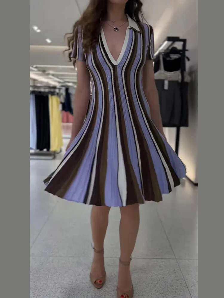 Woman Striped Polo Dress Collar Knitted Short Sleeves Dress V-neckline Waist Cinching Flared Hem Mini Dresses Women Daily Wear