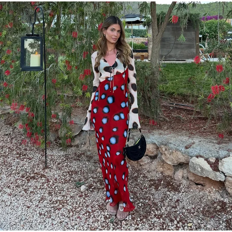 Women Trendy Animal Print Slip Dress V-neck Ruched Drawstring Sexy Maxi Dresses Beach Stylish Retro Vacation Summer Party Outfit