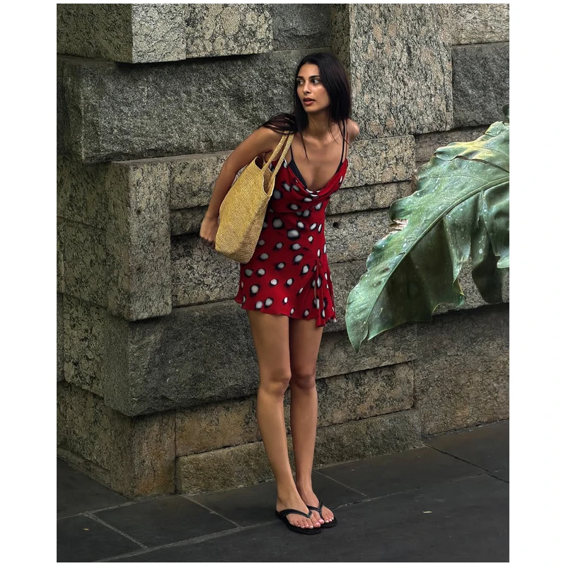 Women Trendy Animal Print Slip Dress V-neck Ruched Drawstring Sexy Maxi Dresses Beach Stylish Retro Vacation Summer Party Outfit