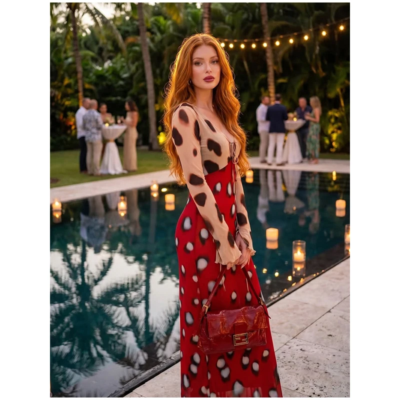 Women Trendy Animal Print Slip Dress V-neck Ruched Drawstring Sexy Maxi Dresses Beach Stylish Retro Vacation Summer Party Outfit