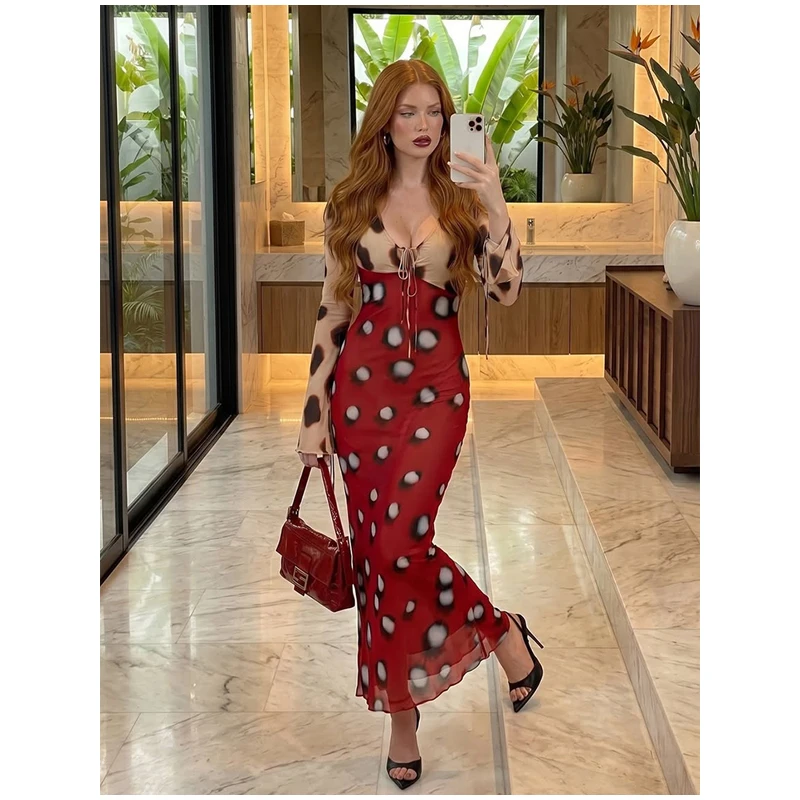 Women Trendy Animal Print Slip Dress V-neck Ruched Drawstring Sexy Maxi Dresses Beach Stylish Retro Vacation Summer Party Outfit