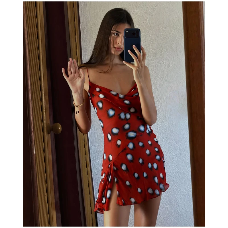 Women Trendy Animal Print Slip Dress V-neck Ruched Drawstring Sexy Maxi Dresses Beach Stylish Retro Vacation Summer Party Outfit