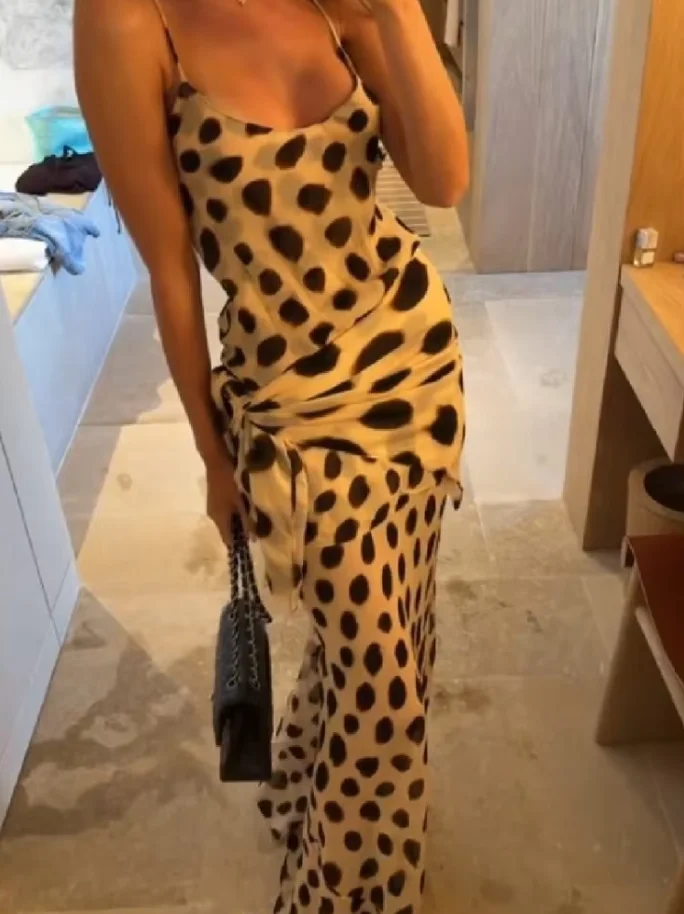 Women Trendy Animal Print Slip Dress V-neck Ruched Drawstring Sexy Maxi Dresses Beach Stylish Retro Vacation Summer Party Outfit