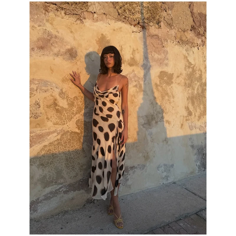 Women Trendy Animal Print Slip Dress V-neck Ruched Drawstring Sexy Maxi Dresses Beach Stylish Retro Vacation Summer Party Outfit