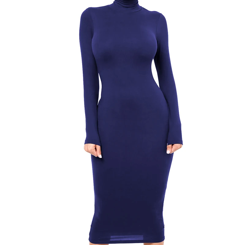 Winter Black Turtleneck Sexy Women Dress Autumn Long Sleeve Skinny Midi Boydcon Casual Blue Plush Knee-Length Party Club