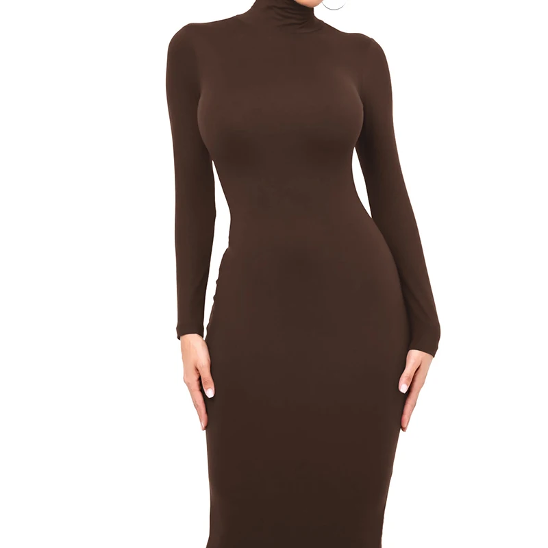 Winter Black Turtleneck Sexy Women Dress Autumn Long Sleeve Skinny Midi Boydcon Casual Blue Plush Knee-Length Party Club