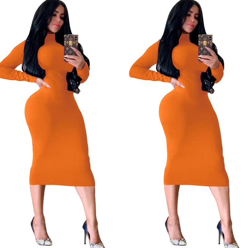Winter Black Turtleneck Sexy Women Dress Autumn Long Sleeve Skinny Midi Boydcon Casual Blue Plush Knee-Length Party Club