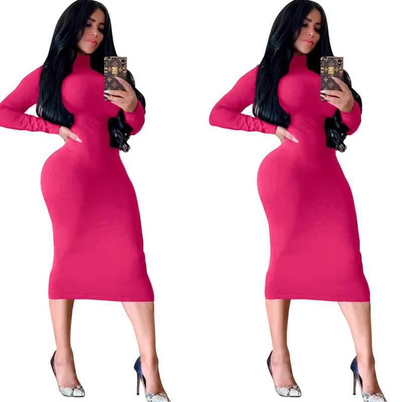 Winter Black Turtleneck Sexy Women Dress Autumn Long Sleeve Skinny Midi Boydcon Casual Blue Plush Knee-Length Party Club