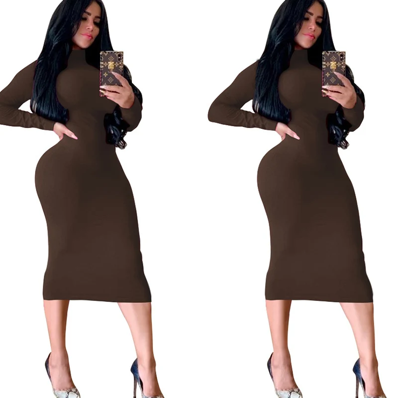 Winter Black Turtleneck Sexy Women Dress Autumn Long Sleeve Skinny Midi Boydcon Casual Blue Plush Knee-Length Party Club