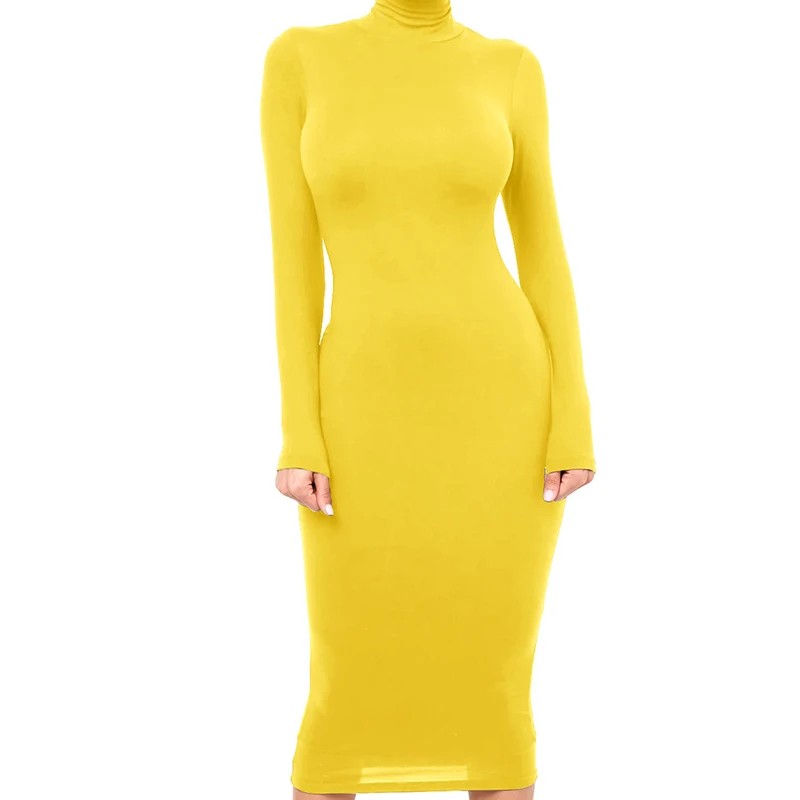Winter Black Turtleneck Sexy Women Dress Autumn Long Sleeve Skinny Midi Boydcon Casual Blue Plush Knee-Length Party Club