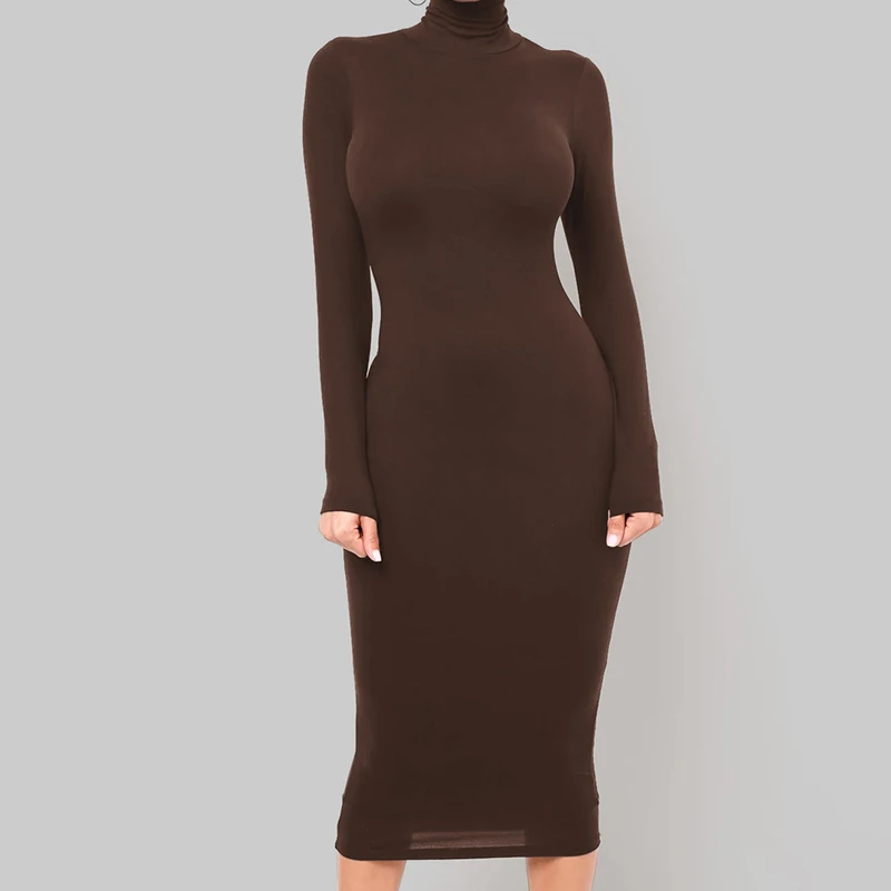 Winter Black Turtleneck Sexy Women Dress Autumn Long Sleeve Skinny Midi Boydcon Casual Blue Plush Knee-Length Party Club