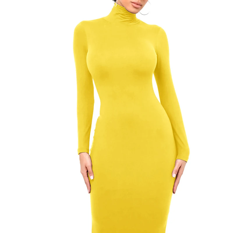 Winter Black Turtleneck Sexy Women Dress Autumn Long Sleeve Skinny Midi Boydcon Casual Blue Plush Knee-Length Party Club
