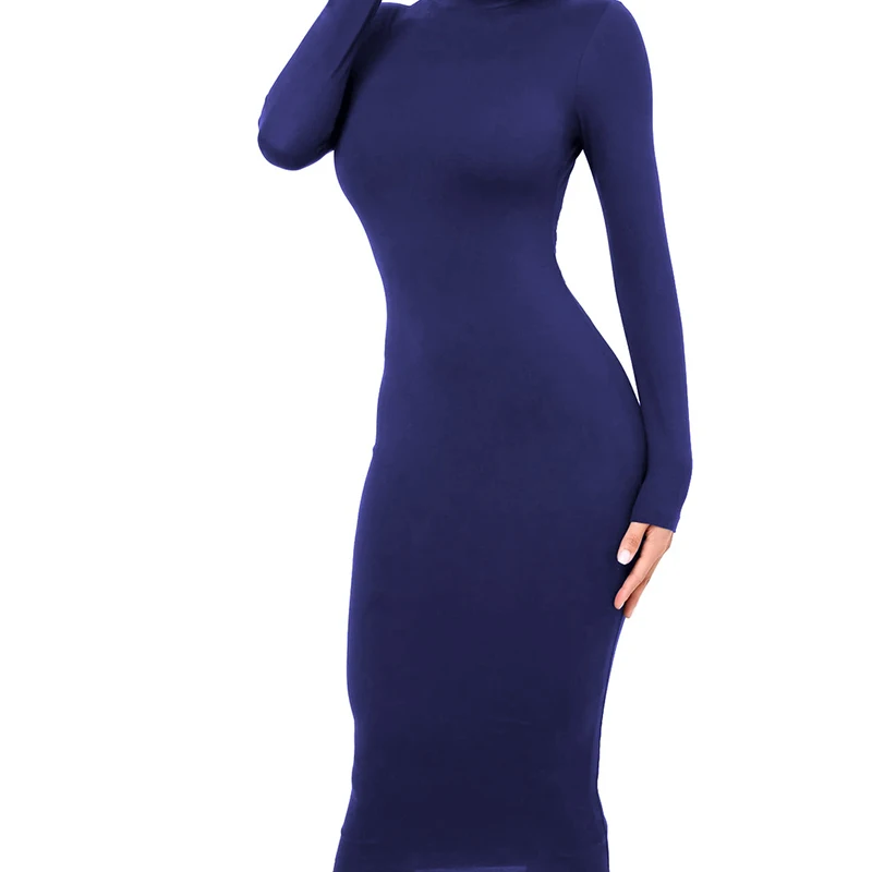 Winter Black Turtleneck Sexy Women Dress Autumn Long Sleeve Skinny Midi Boydcon Casual Blue Plush Knee-Length Party Club