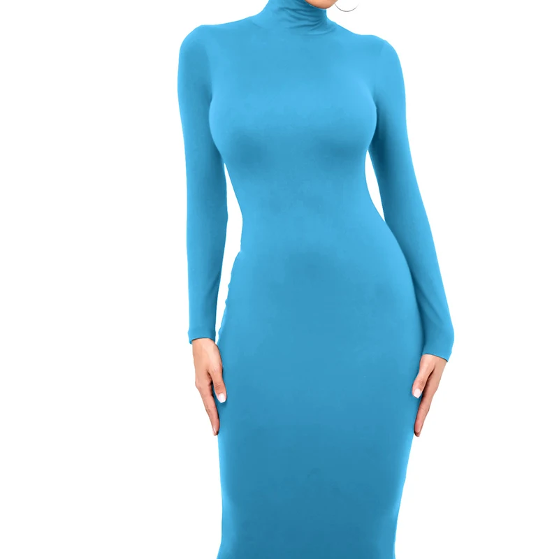 Winter Black Turtleneck Sexy Women Dress Autumn Long Sleeve Skinny Midi Boydcon Casual Blue Plush Knee-Length Party Club