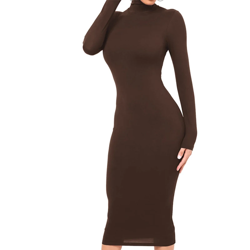 Winter Black Turtleneck Sexy Women Dress Autumn Long Sleeve Skinny Midi Boydcon Casual Blue Plush Knee-Length Party Club