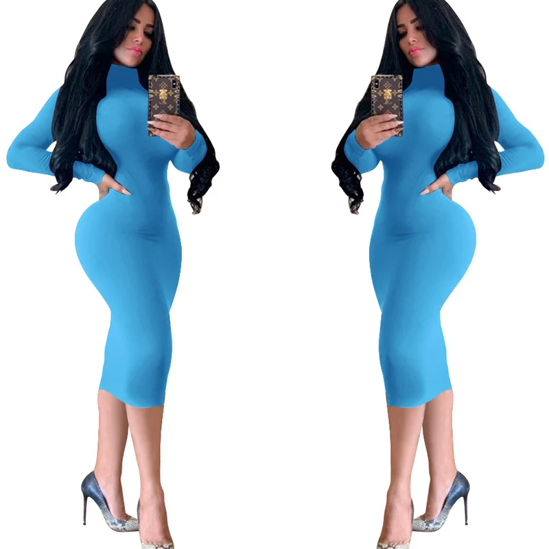 Winter Black Turtleneck Sexy Women Dress Autumn Long Sleeve Skinny Midi Boydcon Casual Blue Plush Knee-Length Party Club