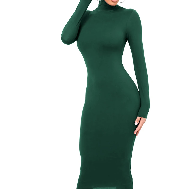 Winter Black Turtleneck Sexy Women Dress Autumn Long Sleeve Skinny Midi Boydcon Casual Blue Plush Knee-Length Party Club