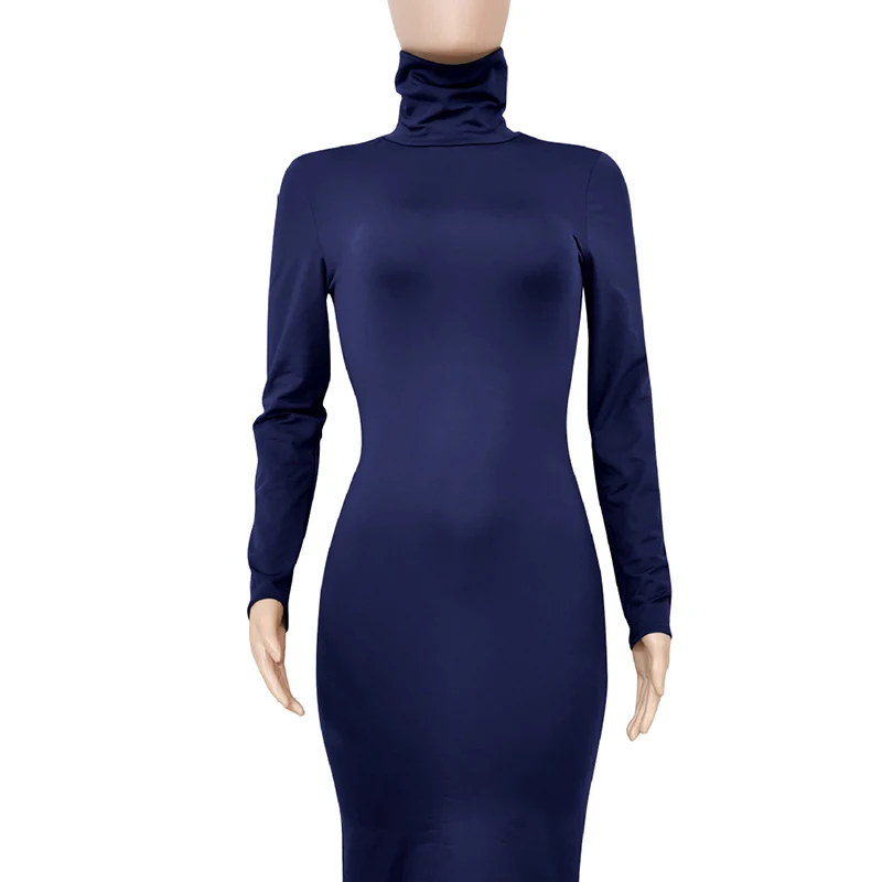Winter Black Turtleneck Sexy Women Dress Autumn Long Sleeve Skinny Midi Boydcon Casual Blue Plush Knee-Length Party Club