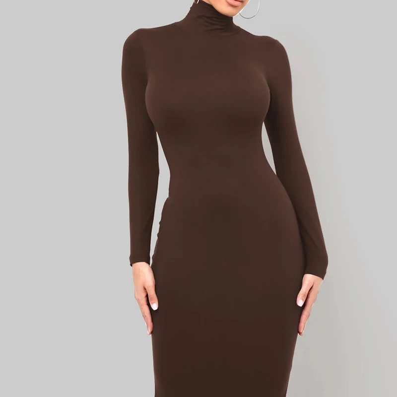 Winter Black Turtleneck Sexy Women Dress Autumn Long Sleeve Skinny Midi Boydcon Casual Blue Plush Knee-Length Party Club