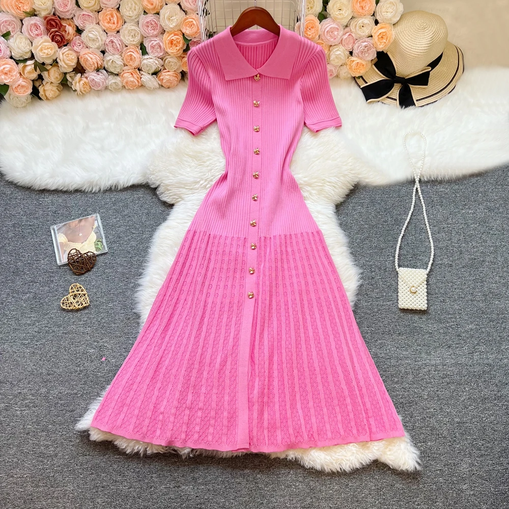 YuooMuoo Brand Fashion Elegant Patchwork Knitted Long Dress Spring Summer Women Luxury Shirt Sweater Dress Lady Party Vestido