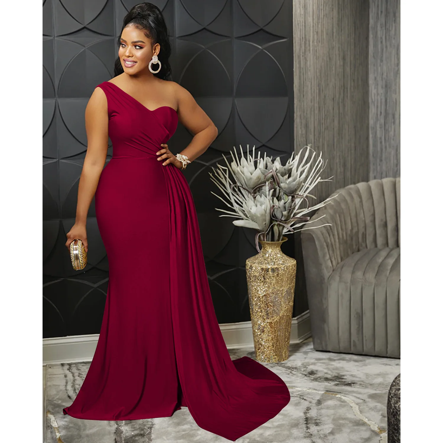 CM.YAYA One Shoulder Skew Neck Tassel Side Floor Length Mermaid Long Maxi Dress Women 2022 Sexy Party Club Even Prom Dresses
